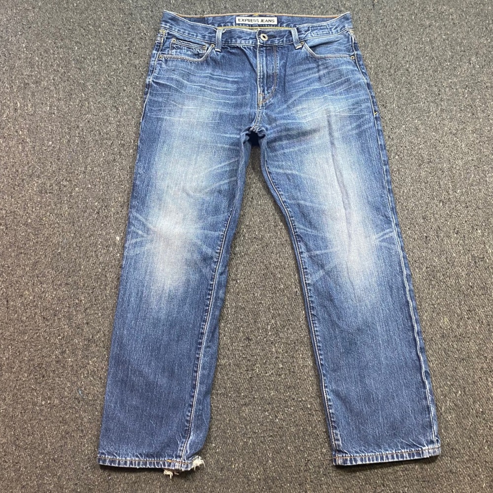 Express Jeans Straight Leg Sz 33 Mens Blue Skater Distressed Hem Denim 9147